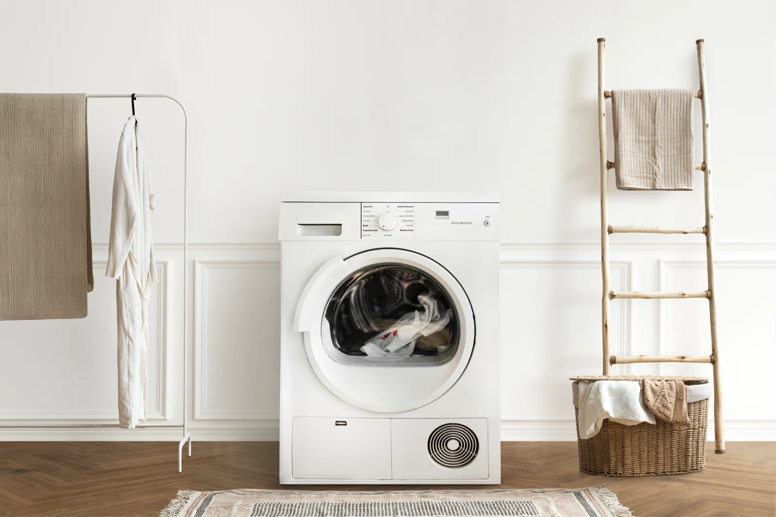 A large, modern white clothes dryer with a clear door